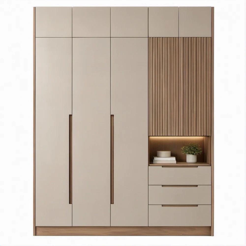 Armadio guardaroba a 4 ante e 3 cassetti Beige e Noce, 180 x 60 x 240 cm
