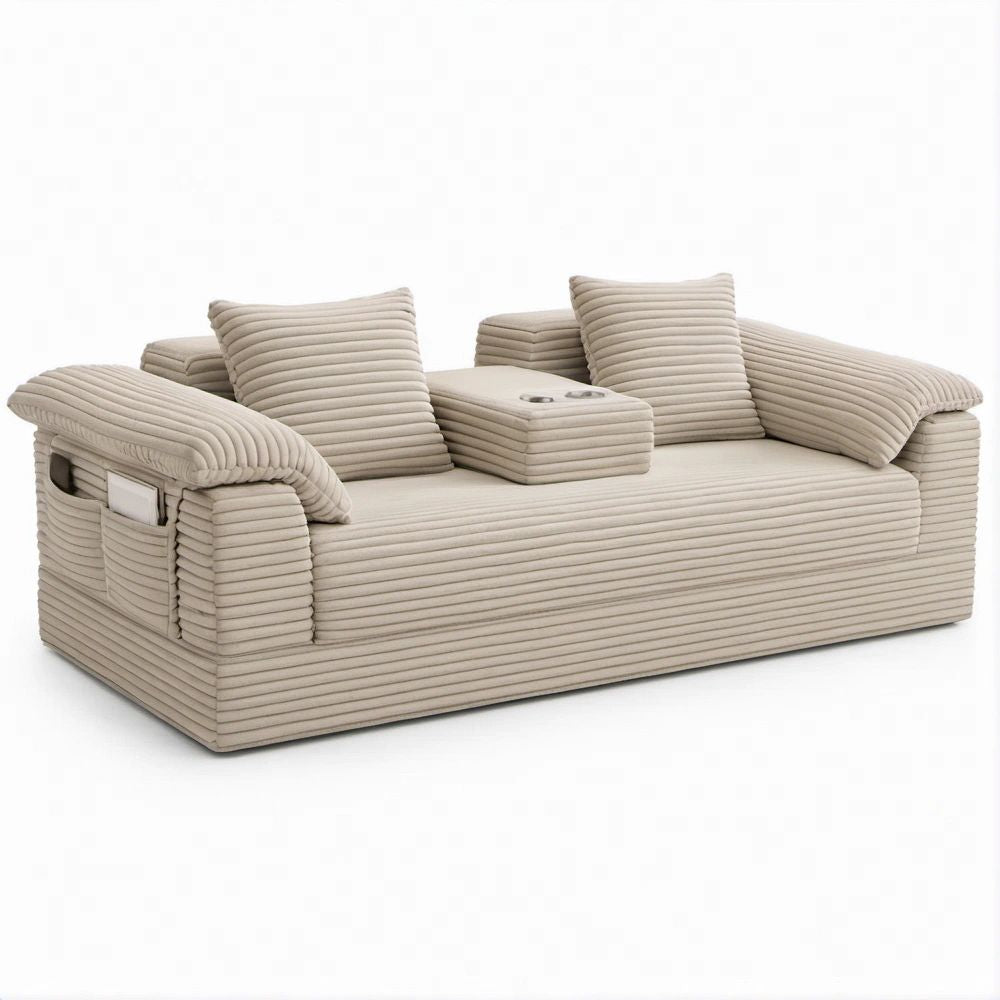Divano 2 posti beige in velluto a coste con portabicchieri, 180 x 95 x 85 cm