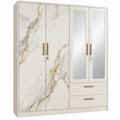Armadio a 4 ante con specchi e 2 cassetti, bianco effetto marmo, 180 x 52 x 200 cm