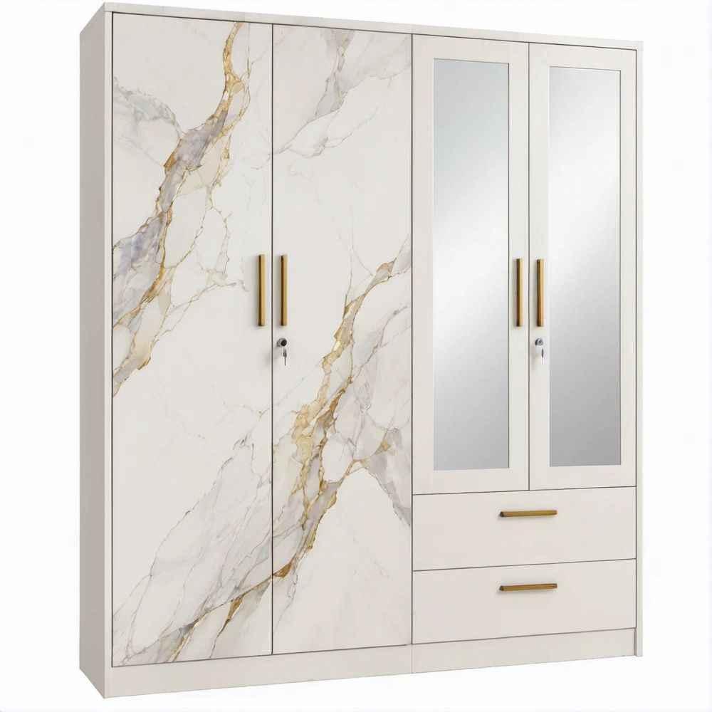 Armadio a 4 ante con specchi e 2 cassetti, bianco effetto marmo, 180 x 52 x 200 cm