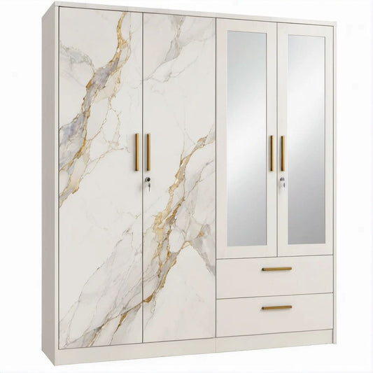 Armadio a 4 ante con specchi e 2 cassetti, bianco effetto marmo, 180 x 52 x 200 cm