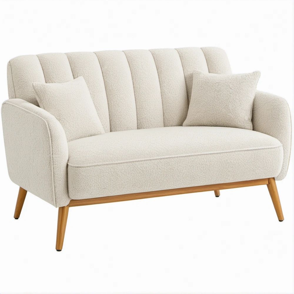 Divanetto 2 Posti in Bouclé Avorio con Gambe in Legno Naturale, 150 x 85 x 88 cm