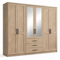 Armadio a 6 ante battenti effetto rovere chiaro con specchi e 3 cassetti, 250 x 60 x 220 cm