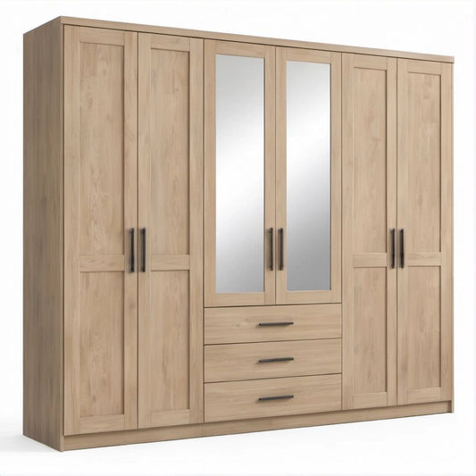 Armadio a 6 ante battenti effetto rovere chiaro con specchi e 3 cassetti, 250 x 60 x 220 cm