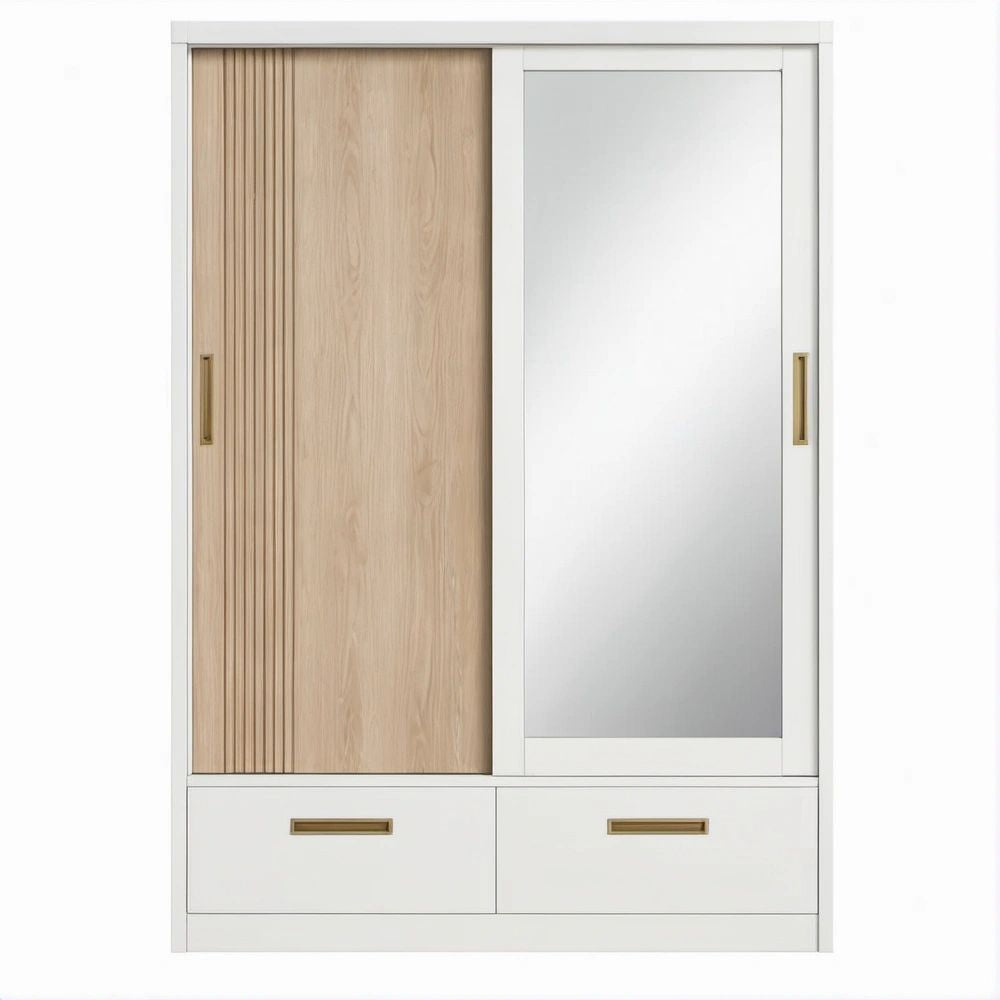 Armadio con 2 Ante Scorrevoli, Specchio e 2 Cassetti Bianco e Rovere Chiaro 120 x 60 x 200 cm