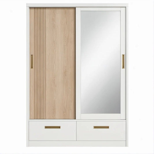 Armadio con 2 Ante Scorrevoli, Specchio e 2 Cassetti Bianco e Rovere Chiaro 120 x 60 x 200 cm