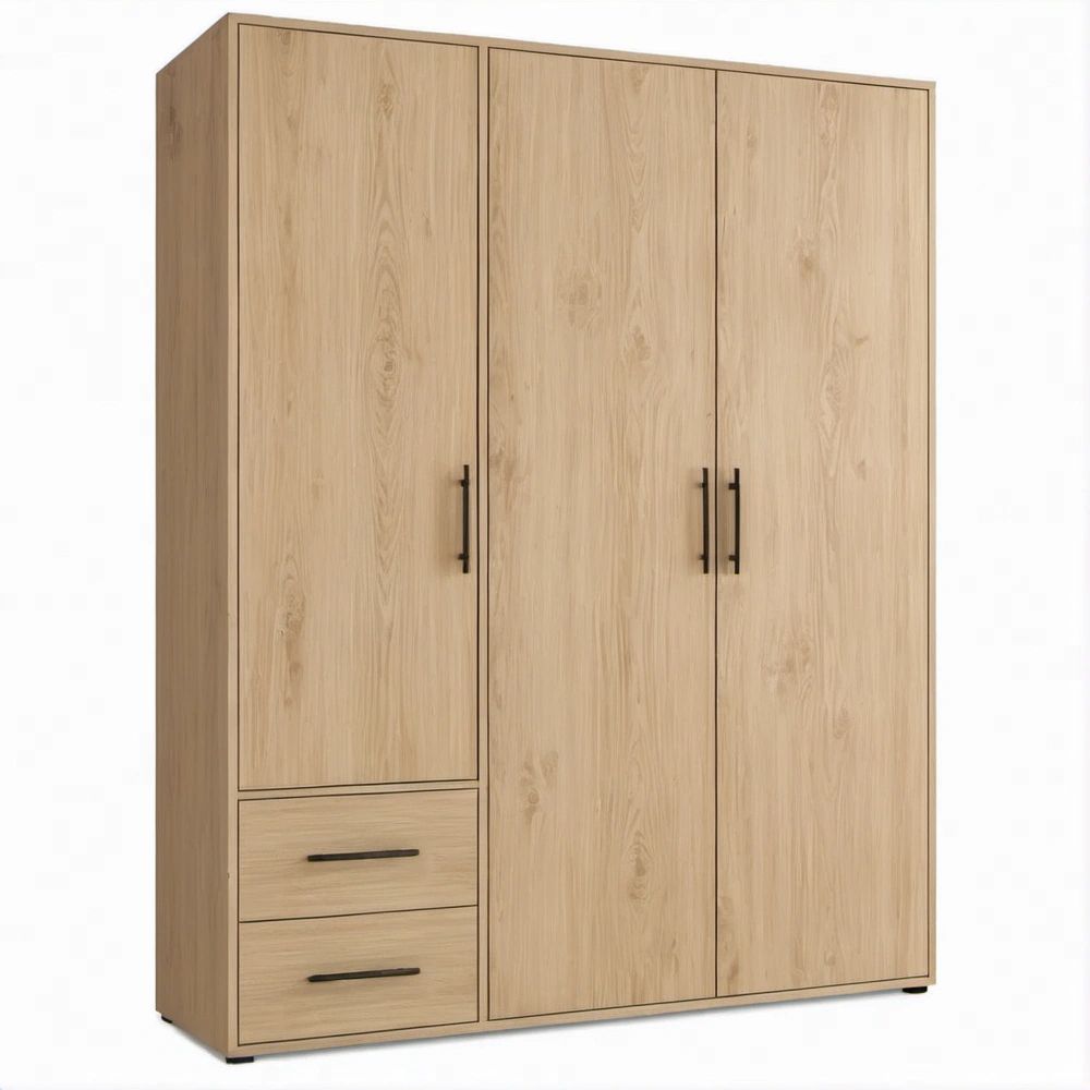 Armadio rettangolare a 3 ante e 2 cassetti in rovere chiaro/nero, 120 x 52 x 180 cm