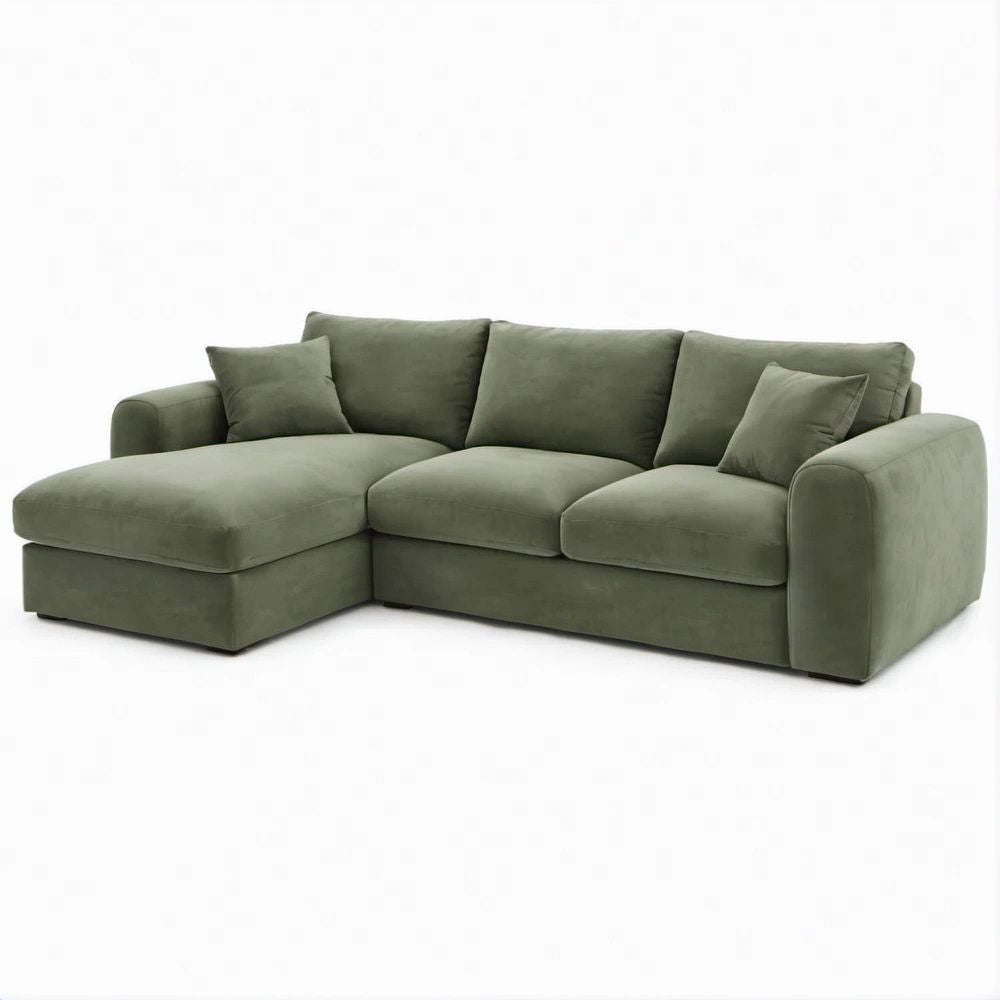 Divano angolare 3 posti con chaise longue sinistra in velluto verde oliva, 250 x 160 x 85 cm