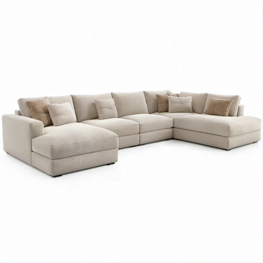 Divano modulare angolare a U beige con doppia chaise longue, 360 x 220 x 85 cm