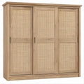 Armadio guardaroba a 3 ante scorrevoli in pino massello e rattan naturale, 180 x 60 x 200 cm