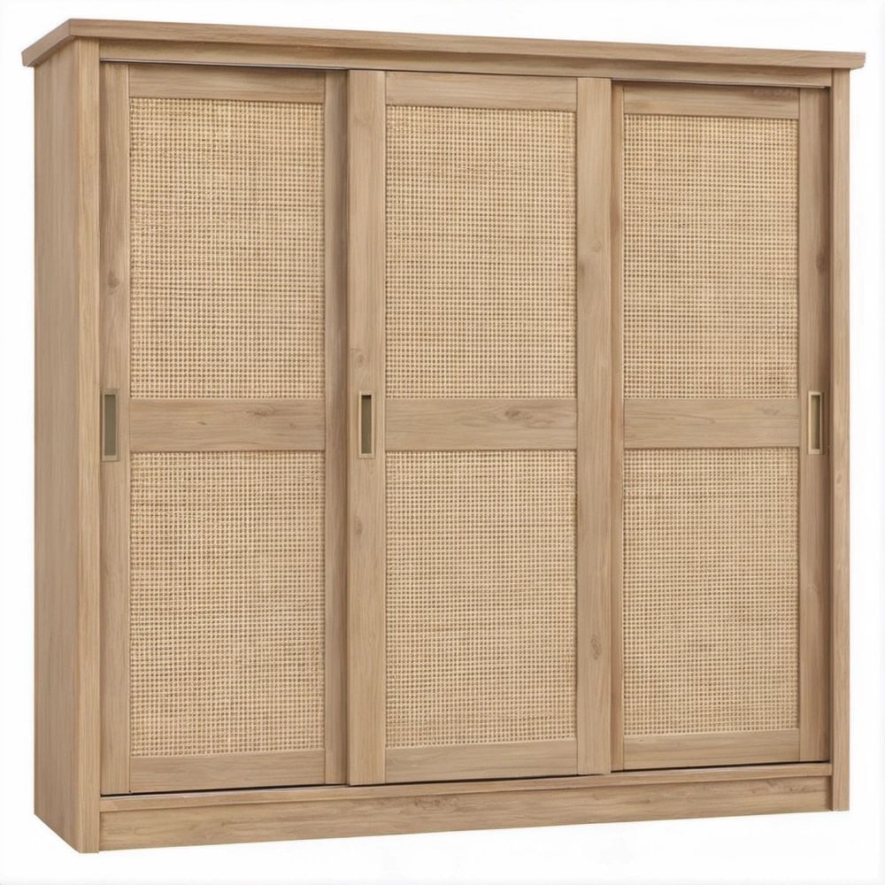 Armadio guardaroba a 3 ante scorrevoli in pino massello e rattan naturale, 180 x 60 x 200 cm