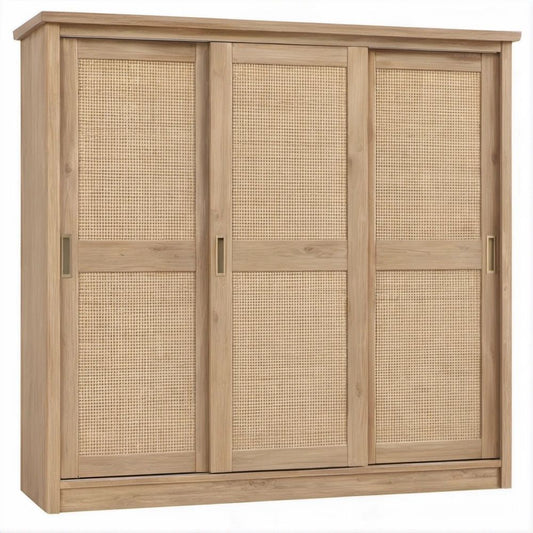 Armadio guardaroba a 3 ante scorrevoli in pino massello e rattan naturale, 180 x 60 x 200 cm