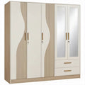 Armadio guardaroba 4 ante con 2 specchi e 2 cassetti, Crema e Rovere chiaro, 200 x 52 x 200 cm