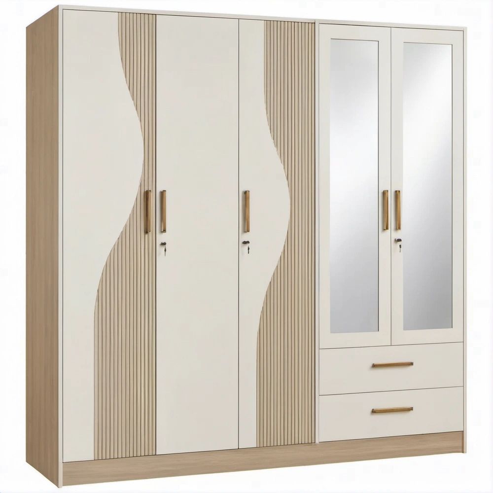 Armadio guardaroba 4 ante con 2 specchi e 2 cassetti, Crema e Rovere chiaro, 200 x 52 x 200 cm