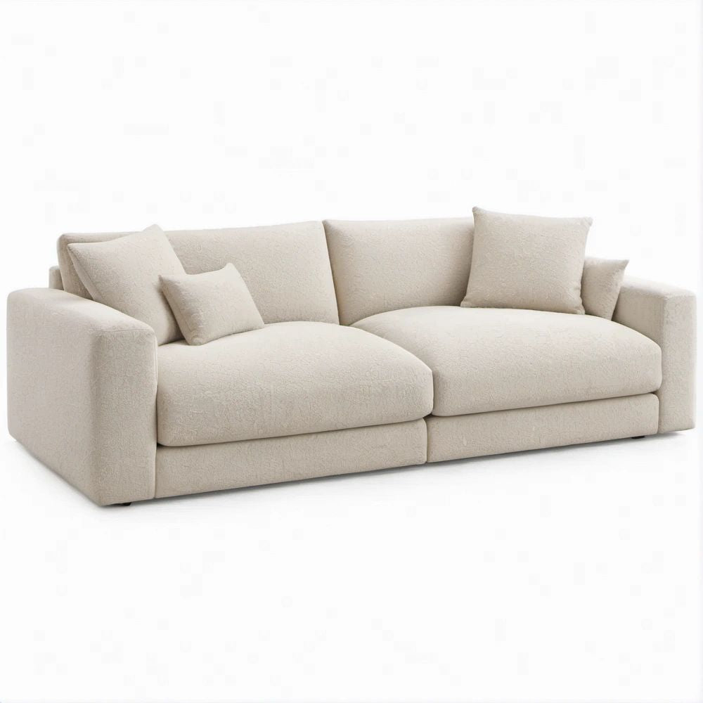 Divano lineare 3 posti avorio in poliestere bouclé, 220 x 100 x 85 cm