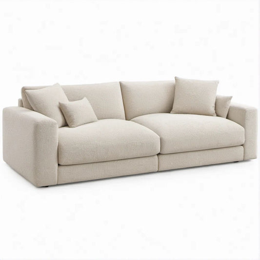 Divano lineare 3 posti avorio in poliestere bouclé, 220 x 100 x 85 cm