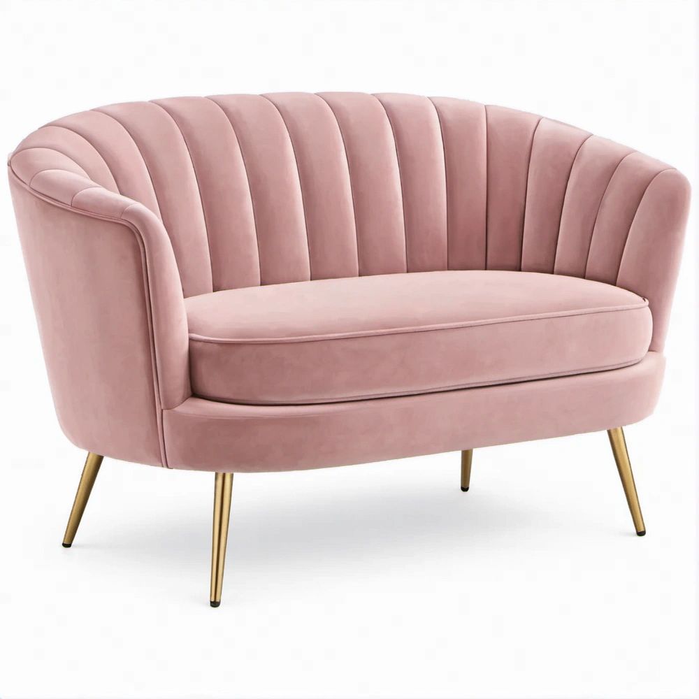 Divanetto curvo 2 posti rosa in velluto con gambe dorate, 130 x 75 x 80 cm