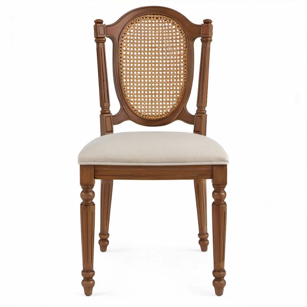 Sedia da pranzo classica in legno massello marrone con schienale in rattan e seduta beige, 50 x 55 x 101 cm