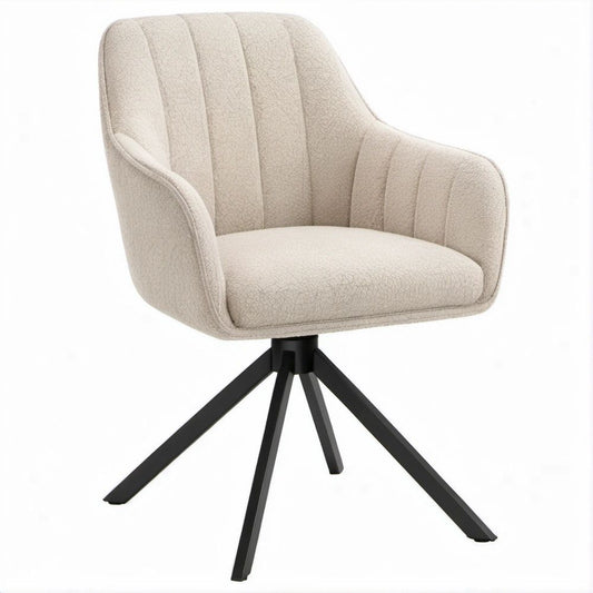 Poltroncina girevole con braccioli in bouclé beige e base nera, 60 x 60 x 84 cm